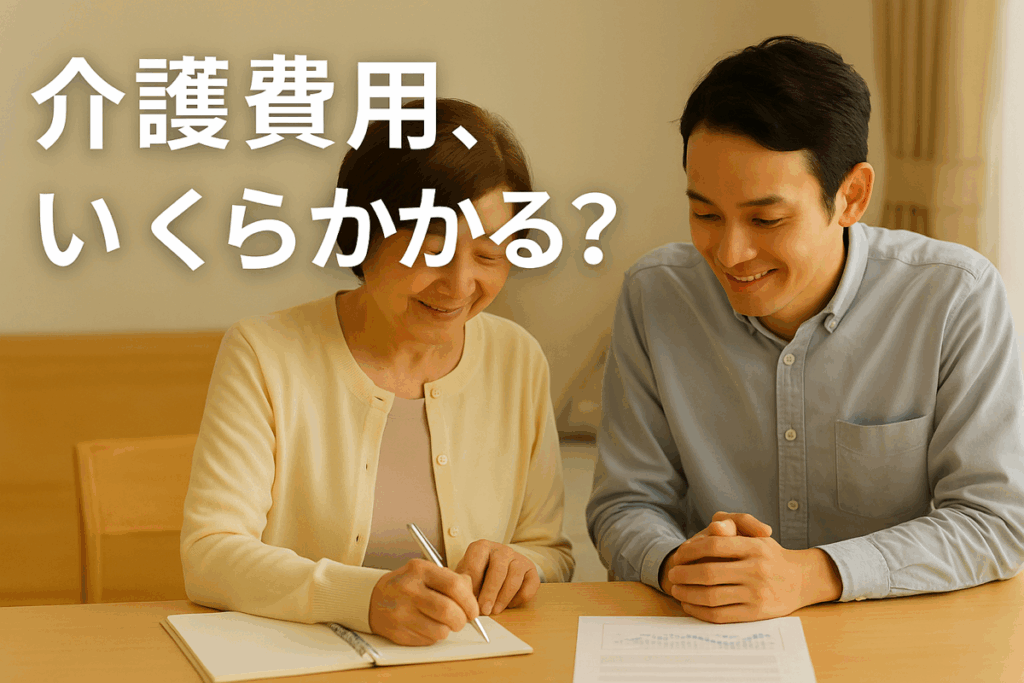 親と子がリビングで介護費用の資料を見ながら穏やかに話している様子。 在宅介護と施設介護の違いや費用の目安を考える家族の温かいイメージ。