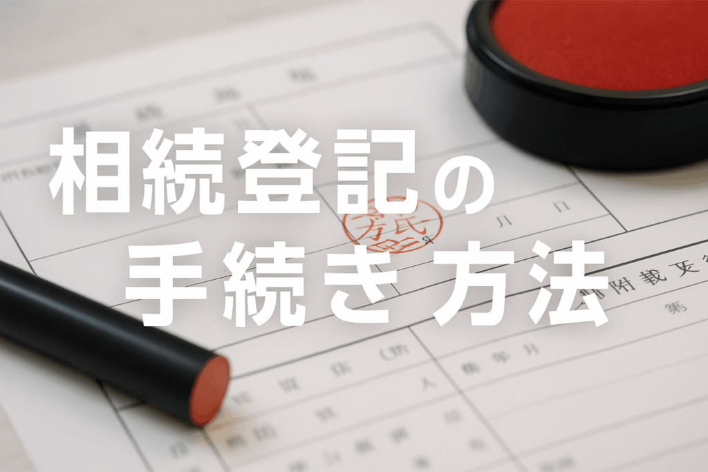 「相続登記の手続き方法」と白抜き文字で書かれたアイキャッチ画像。机の上に書類、印鑑、ペンが並び、柔らかな自然光が差し込む落ち着いた雰囲気の写真。信頼感と安心感を伝えるデザイン。