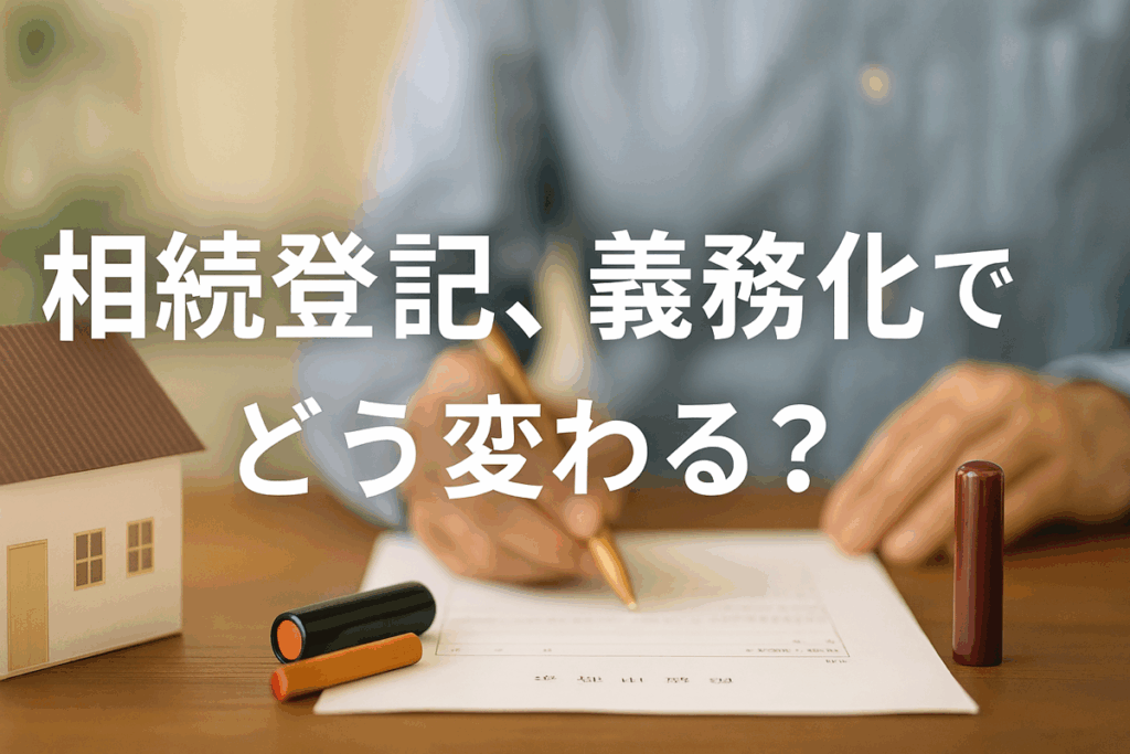 木目調のテーブルの上に法務局の書類と印鑑、家の模型が置かれている。 相続登記の義務化によって変わる手続きや注意点をイメージした温かみのある写真。