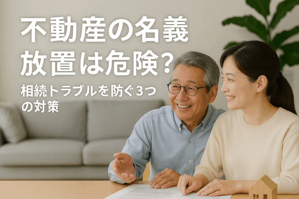親と子がリビングのテーブルで不動産の書類を見ながら話している様子。 家の模型を前に、不動産の名義放置による相続トラブルを防ぐために相談する家族のイメージ。