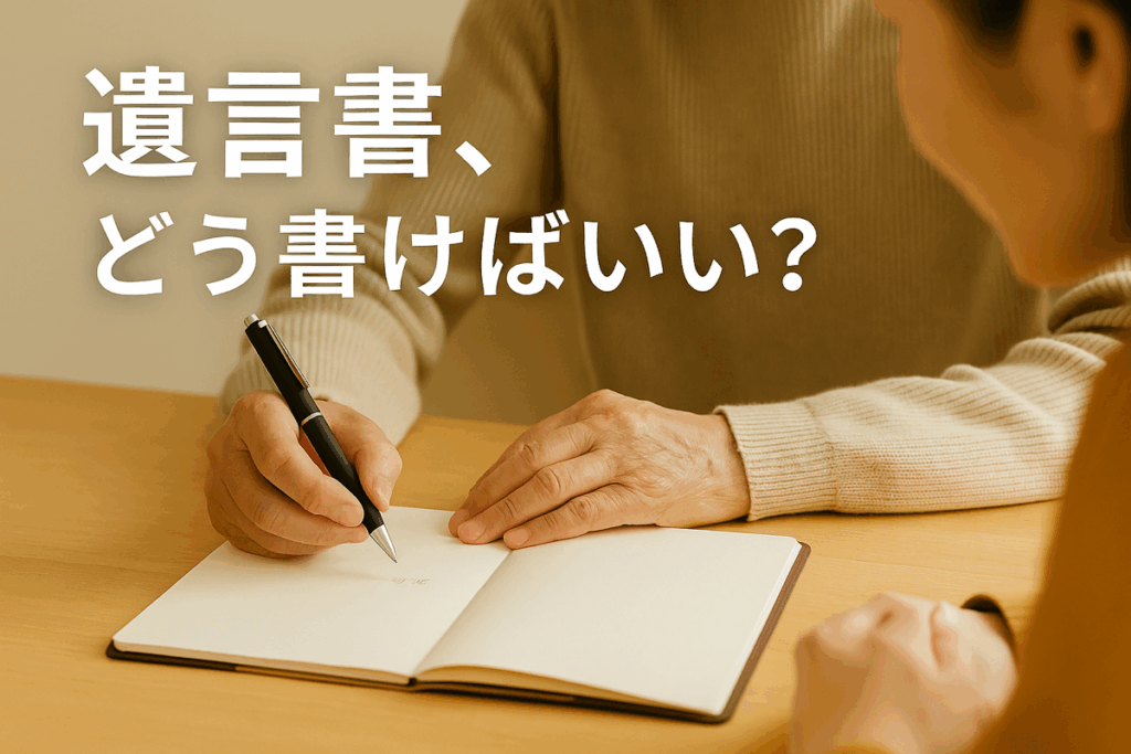 木目調のテーブルの上にノートとペンが置かれ、柔らかな光が差し込んでいる様子。 遺言書の書き方や作成方法を考える落ち着いた雰囲気のイメージ。