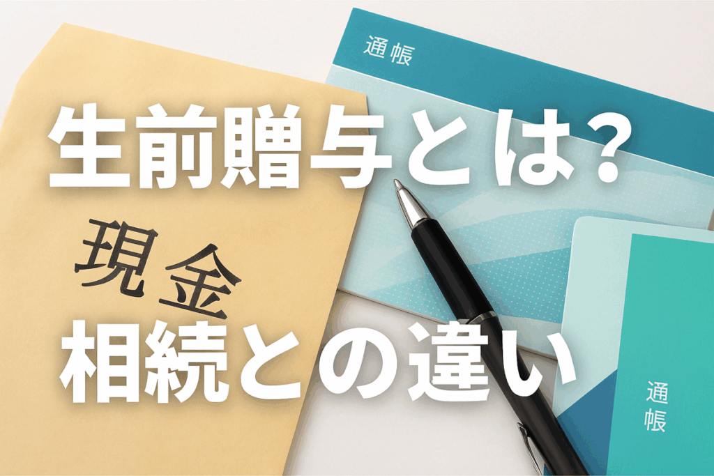 「生前贈与とは?相続との違い」と白抜き文字で書かれたアイキャッチ画像。机の上に封筒・通帳・ペンが並び、柔らかな自然光が差し込む落ち着いた雰囲気のデザイン。相続や贈与をテーマにした信頼感のある構図。