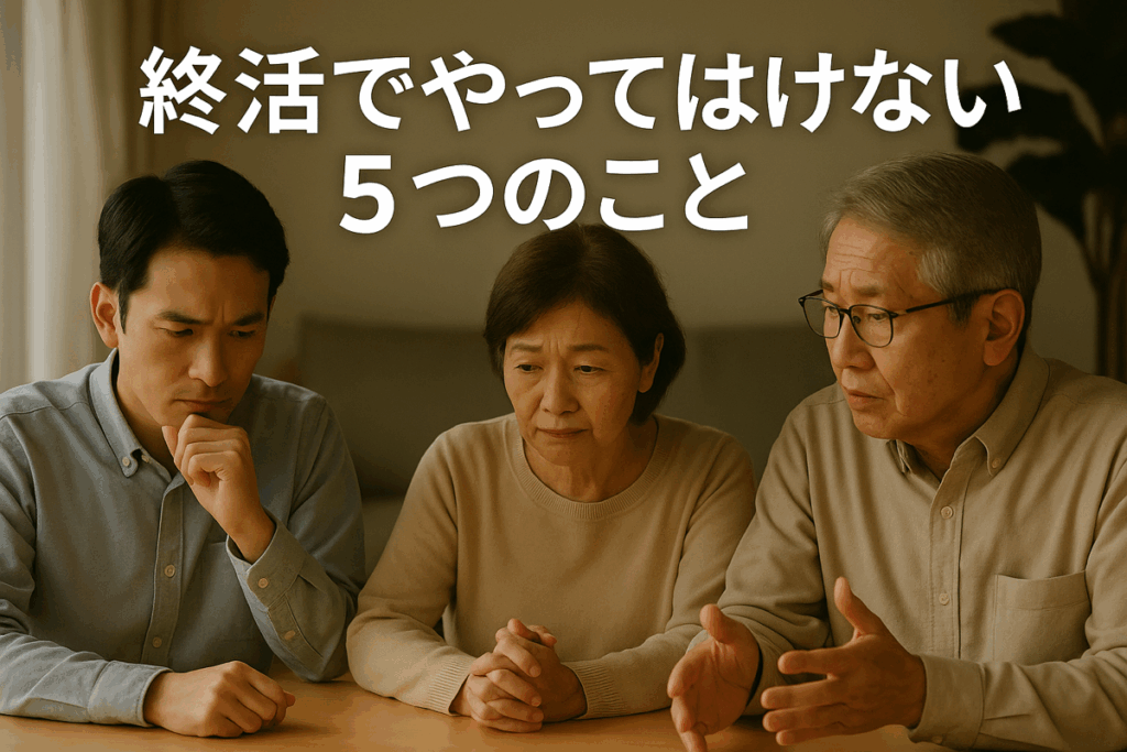 家族がリビングで真剣に話し合っている様子。 終活でやってはいけないことやトラブルを防ぐために考える家族のイメージ。