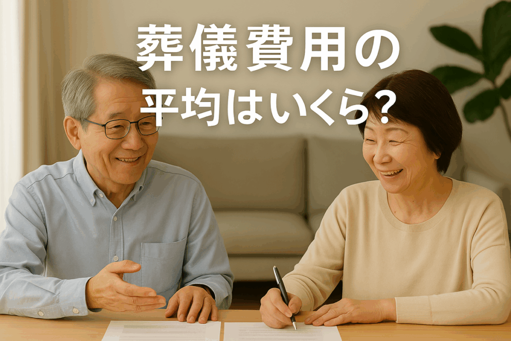 両親がリビングで葬儀の見積書を見ながら穏やかに話している様子。 葬儀費用の平均や見積もりのポイントを考える家族の温かいイメージ。