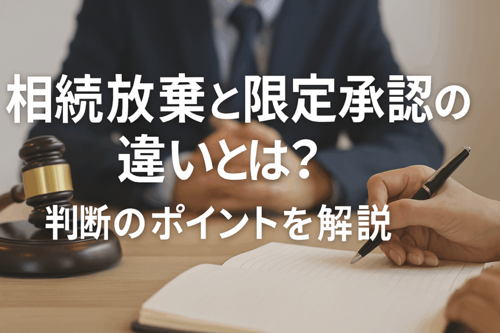 相続放棄と限定承認の違いとは？判断のポイントを解説」と白抜き文字で書かれたアイキャッチ画像。ナチュラルトーンの背景に書類とペンが置かれ、柔らかな自然光が差し込む落ち着いた雰囲気のデザイン。