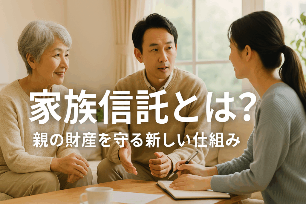 明るいリビングで家族が笑顔で話し合っている写真の上に、白抜き文字で「家族信託とは?親の財産を守る新しい仕組み」と書かれた横長のアイキャッチ画像。安心感と温かみのあるナチュラルトーンのデザイン。