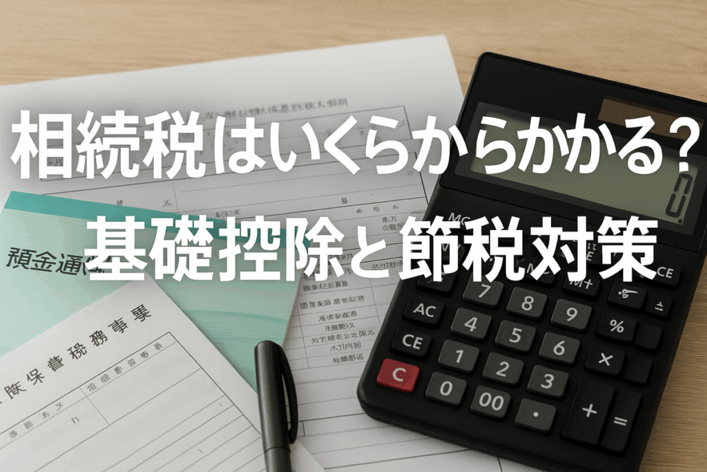 「相続税はいくらからかかる?基礎控除と節税対策」と白抜き文字で書かれたアイキャッチ画像。机の上に電卓・通帳・資料が並び、柔らかな自然光が差し込む落ち着いた雰囲気の写真。相続税や節税に関する信頼感のあるデザイン。